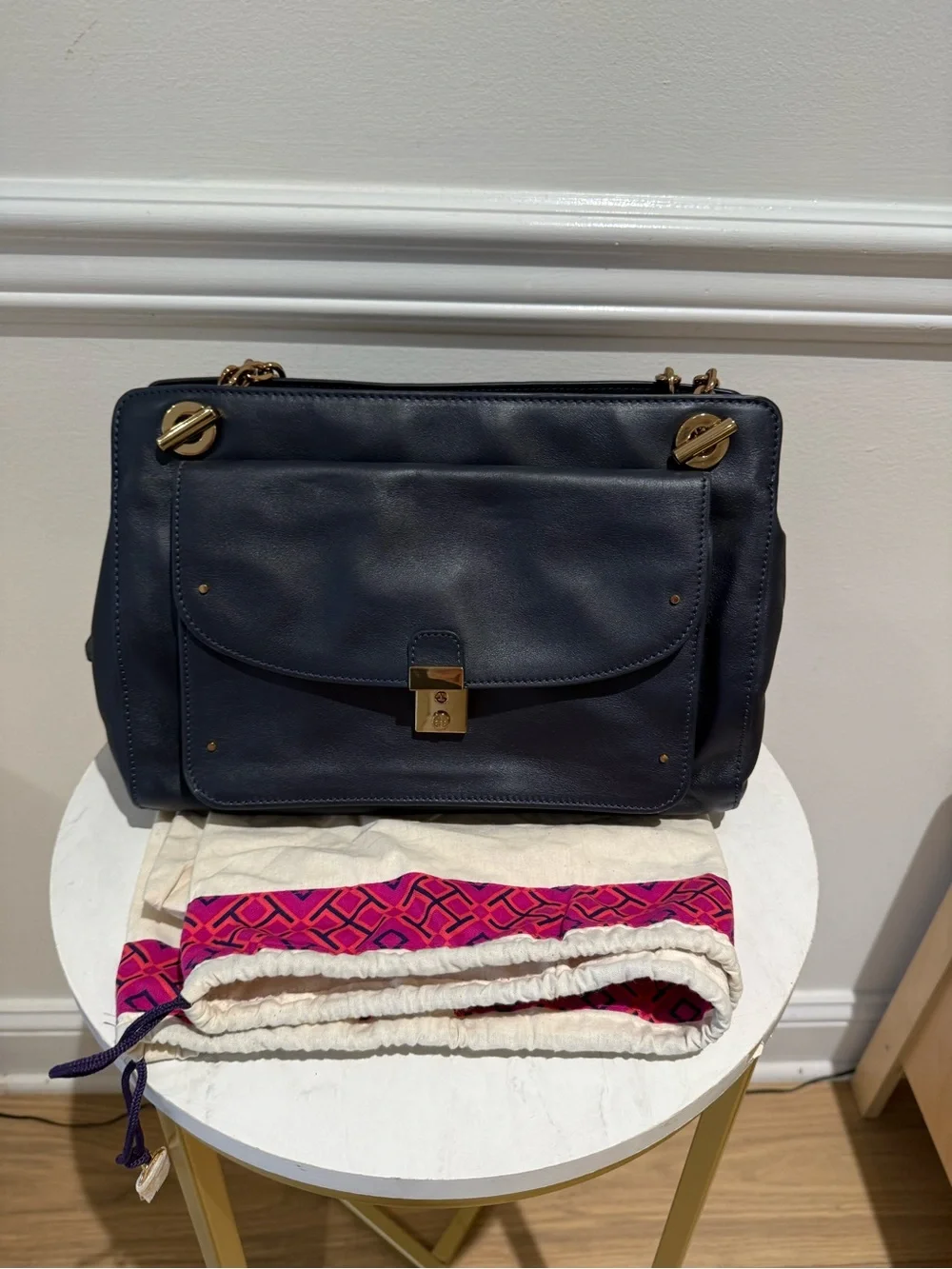 Tory Burch Priscilla Leather Shoulder Bag in navy blue
